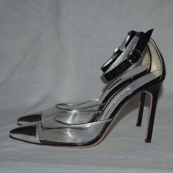 Sz 36.5 Manolo Blahnik Black Silver PCV O'Dorsay Ankle Strap 4" Pumps He… - Picture 1 of 8